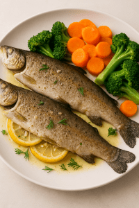 trout recipe, healthy fish, baked trout, grilled trout, omega-3 fish, rainbow trout, clean eating, seafood dinner, protein-rich meals, Mediterranean diet, easy fish recipe, low-calorie dinner, sustainable seafood, heart-healthy, garlic lemon trout, quick dinner ideas, fresh herbs, pescatarian, simple fish recipe, trout nutrition, weeknight meals, fish lovers, wholesome food, lean protein, seafood recipe, trout fillet, oven-baked trout, brain health, vitamin-rich meal, low mercury fish