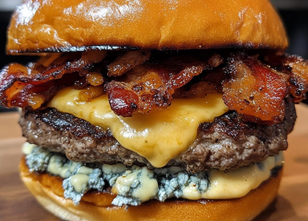 Chef Ed recipe, bacon blue cheese burger, gourmet burger, juicy burger, American classic, hamburger recipe, beef and bacon burger, blue cheese beef, homemade burger, oven fries, creamy cole slaw, comfort food, pub-style burger, BBQ burger plate, thick burger patty, toasted brioche bun, bacon cheeseburger, cookout meal, burger night, beef dinner, classic side dishes, game day food, crispy fries, mayonnaise slaw, shredded cabbage salad, backyard burger, seared burger, skillet burger, family meal, indulgent sandwich