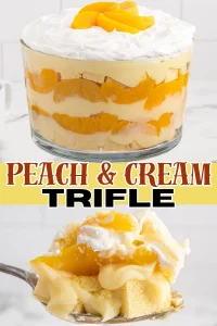 peach trifle, cream dessert, summer trifle, layered dessert, fruit trifle, pound cake trifle, sponge cake dessert, vanilla pudding trifle, whipped cream layers, no-bake dessert, easy trifle recipe, peach dessert, picnic trifle, glass jar dessert, Chef Ed recipes, fruity dessert, elegant dessert, party dessert, peach and cream, cold dessert, make-ahead dessert, peach parfait, southern dessert, creamy layers, mint garnish, almond topping, whipped cream trifle, dessert for a crowd, sweet layers, refreshing dessert